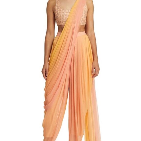 Sani Asra Dhoti Set Ombre Yellow/Pink Large Bottom & Medium Top $570 - Picture 3 of 9